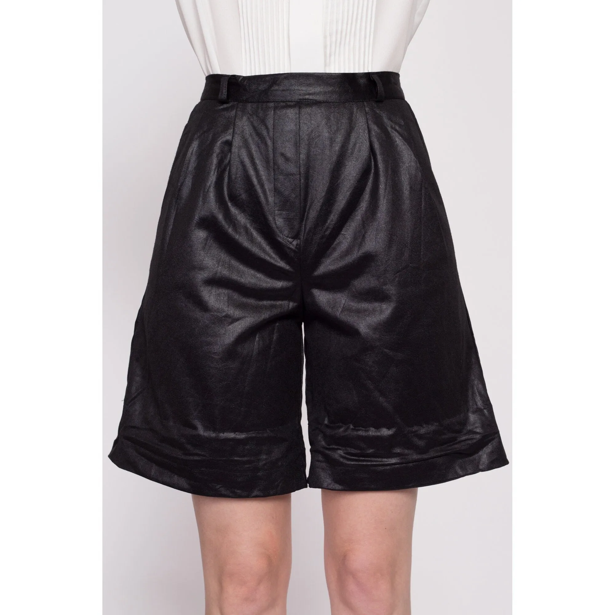 80s Shiny Black High Waisted Shorts - Small to Medium