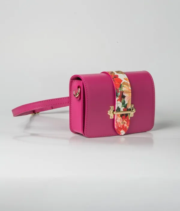 ATENA FLORAL PRINT DETAIL LEATHER MINI BAG - FUCHSIA