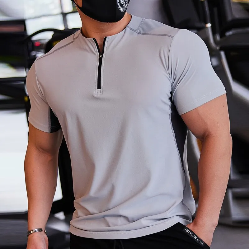 Fashion Mens Quick Dry Running Fitness T-Shirt Sports Tops Jersey Cool and Comfortable Shirts for Men with Stand Collar Design