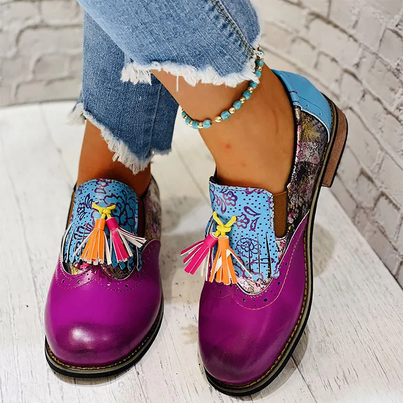 Flat Printed Vintage Round Toe Tassel & Lace Up Shoes For Women