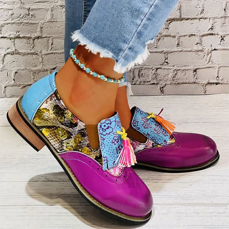 Flat Printed Vintage Round Toe Tassel & Lace Up Shoes For Women