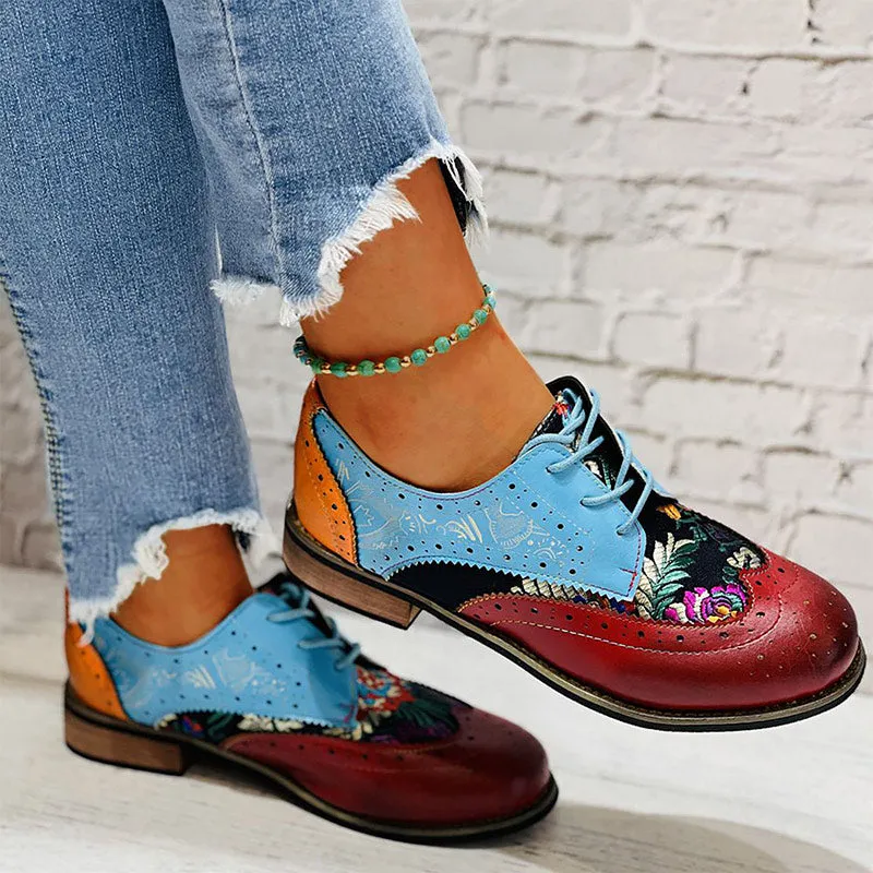 Flat Printed Vintage Round Toe Tassel & Lace Up Shoes For Women