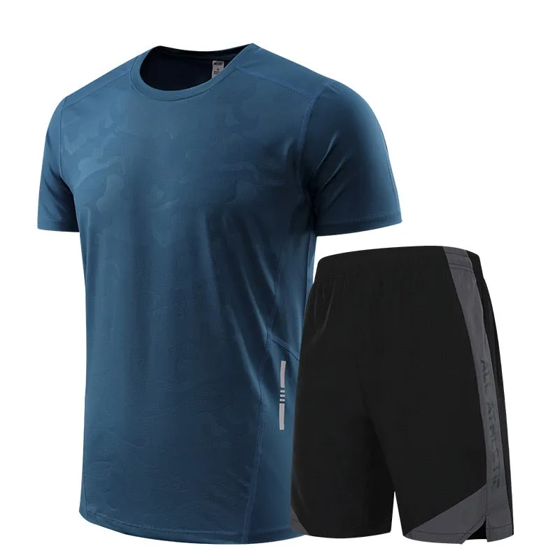 Icy-Cool Running Sets Men Sports Clothes Youth Ice Silk Breathable Fitness Tee Shirts Kits Soccer Set Male Gym T Shirt Shorts