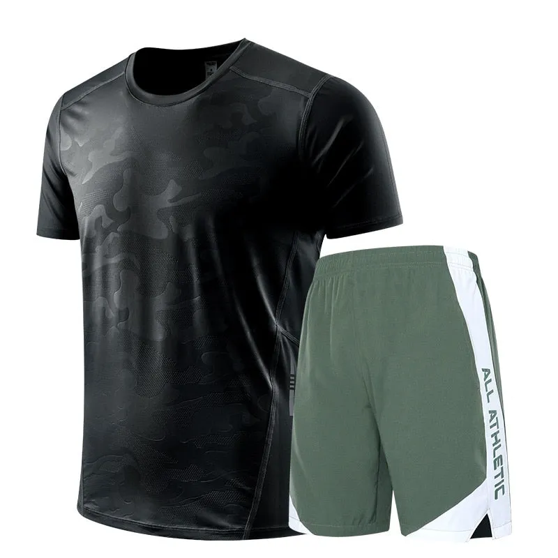 Icy-Cool Running Sets Men Sports Clothes Youth Ice Silk Breathable Fitness Tee Shirts Kits Soccer Set Male Gym T Shirt Shorts