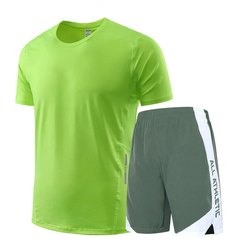 Icy-Cool Running Sets Men Sports Clothes Youth Ice Silk Breathable Fitness Tee Shirts Kits Soccer Set Male Gym T Shirt Shorts