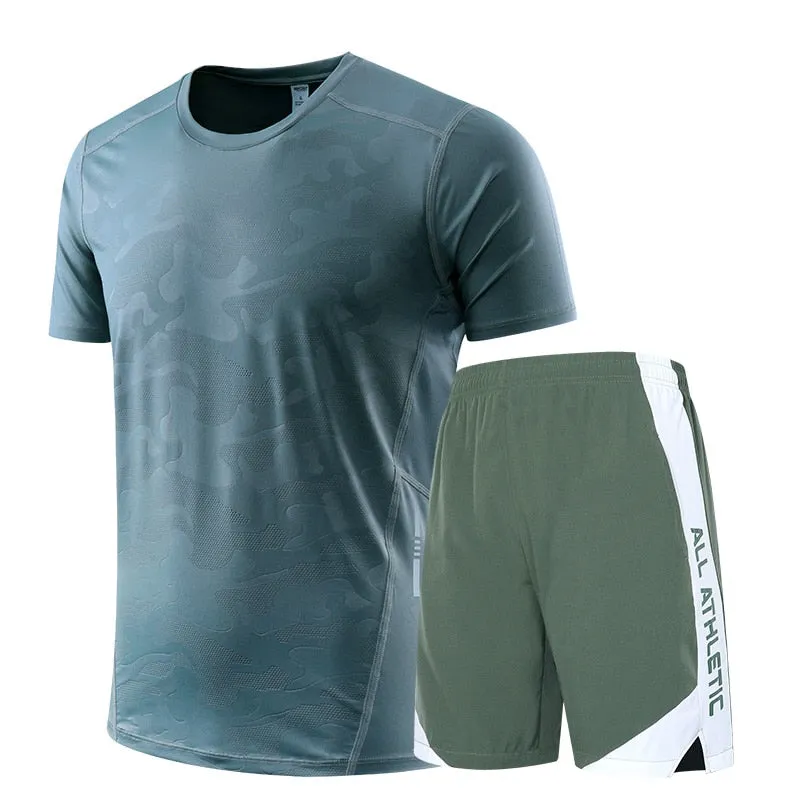 Icy-Cool Running Sets Men Sports Clothes Youth Ice Silk Breathable Fitness Tee Shirts Kits Soccer Set Male Gym T Shirt Shorts