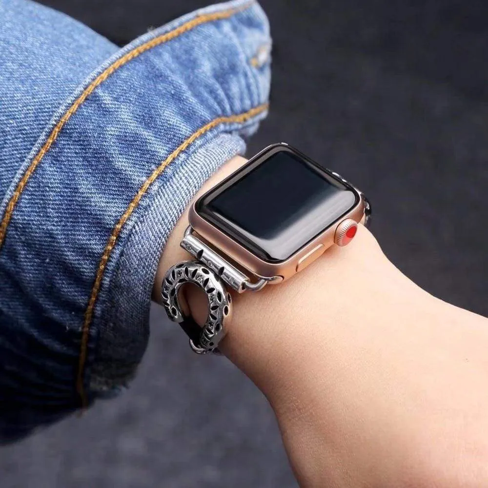 Leather Ethnic Bracelet, Stainless Steel iWatch Series 7 6 5 4