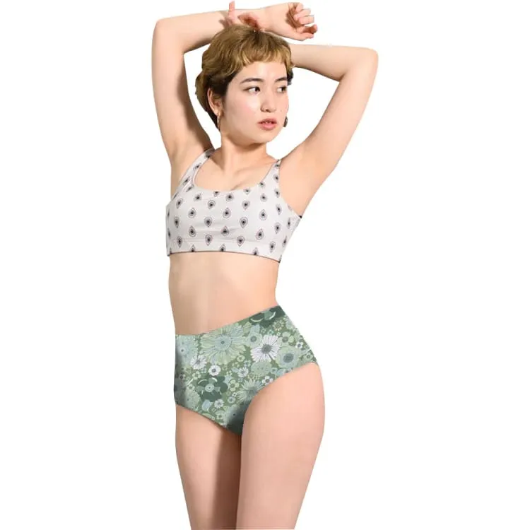 Maka-Hou Women High Waist Bikini Panties-GREEN FLOWER (Japanese Brand)