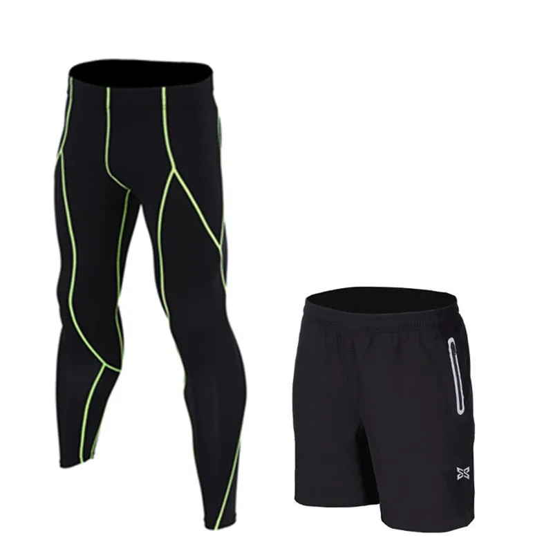 Men Running Tights Shorts Pants Sport Clothing Soccer Leggings Compression Fitness Football Basketball Tights Zipper Pocket 2Pcs