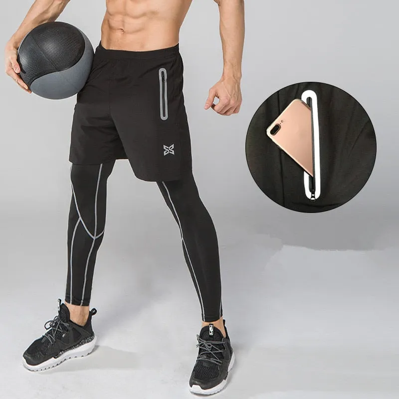 Men Running Tights Shorts Pants Sport Clothing Soccer Leggings Compression Fitness Football Basketball Tights Zipper Pocket 2Pcs