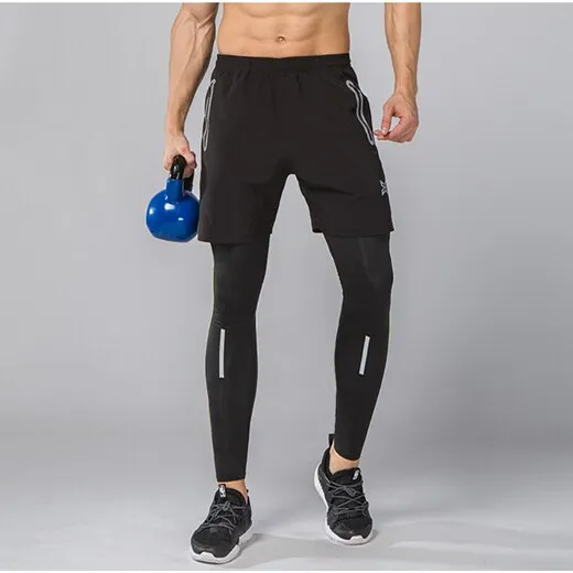 Men Running Tights Shorts Pants Sport Clothing Soccer Leggings Compression Fitness Football Basketball Tights Zipper Pocket 2Pcs