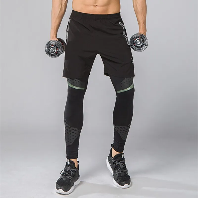 Men Running Tights Shorts Pants Sport Clothing Soccer Leggings Compression Fitness Football Basketball Tights Zipper Pocket 2Pcs