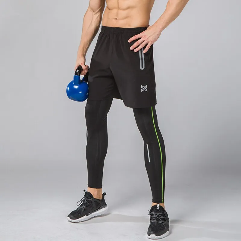 Men Running Tights Shorts Pants Sport Clothing Soccer Leggings Compression Fitness Football Basketball Tights Zipper Pocket 2Pcs