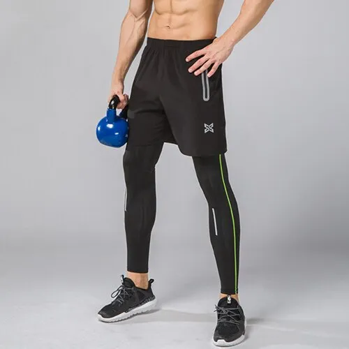 Men Running Tights Shorts Pants Sport Clothing Soccer Leggings Compression Fitness Football Basketball Tights Zipper Pocket 2Pcs