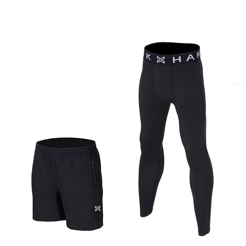 Men Running Tights Shorts Pants Sport Clothing Soccer Leggings Compression Fitness Football Basketball Tights Zipper Pocket 2Pcs