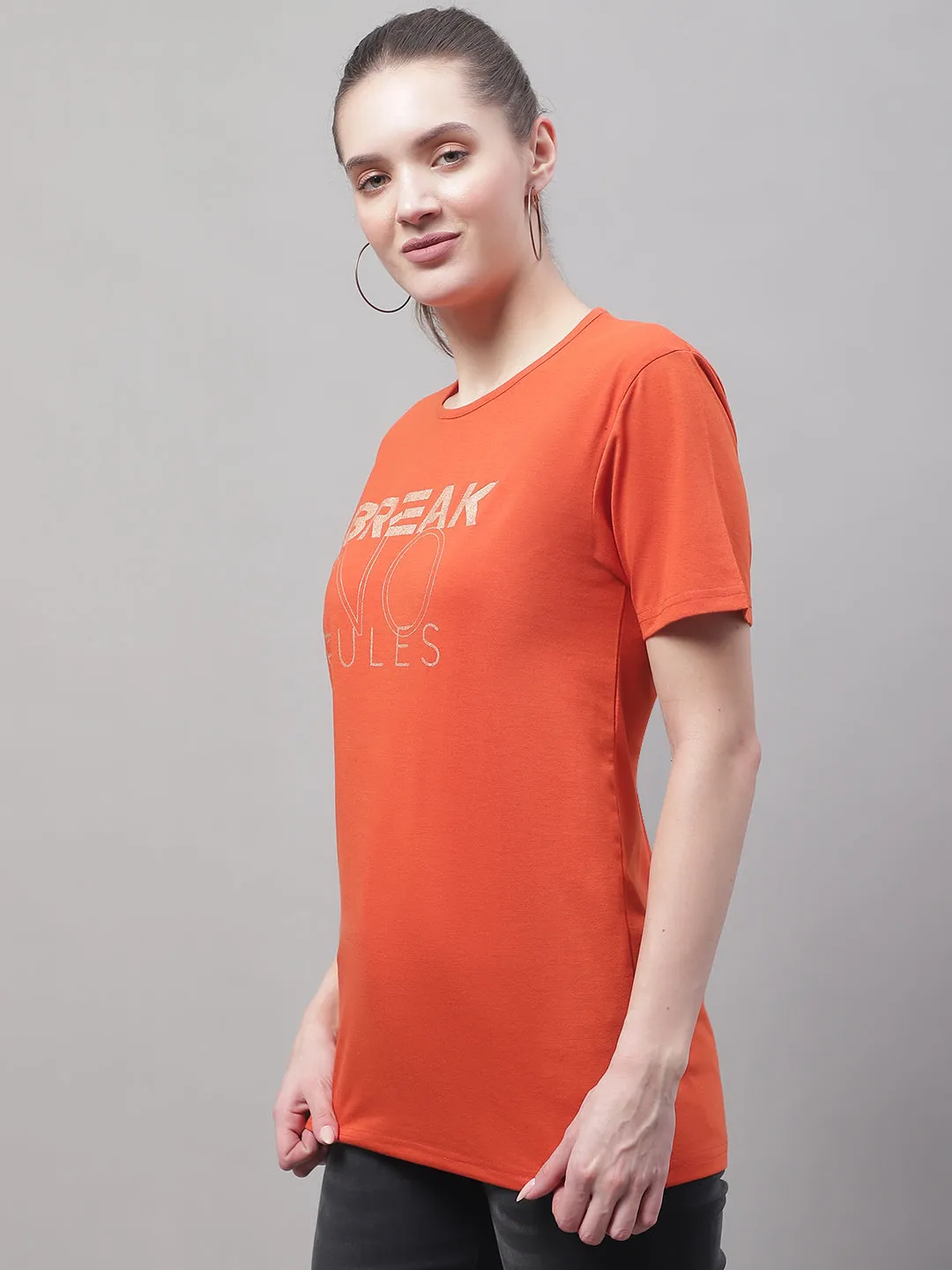 Vimal Jonney Round Neck Cotton Printed Rust T-Shirt for Women