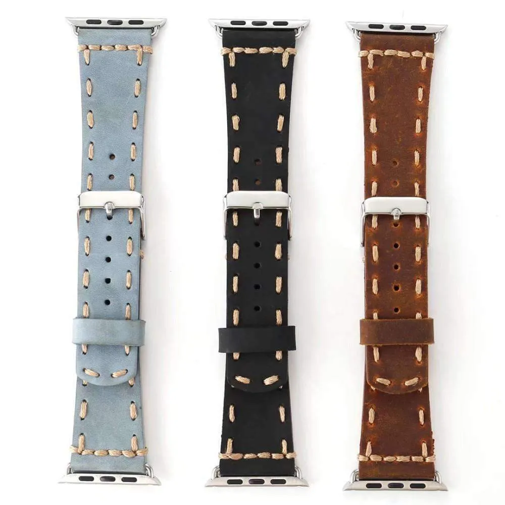 Vintage Style Leather Strap for Series Stitched Tooled iWatch