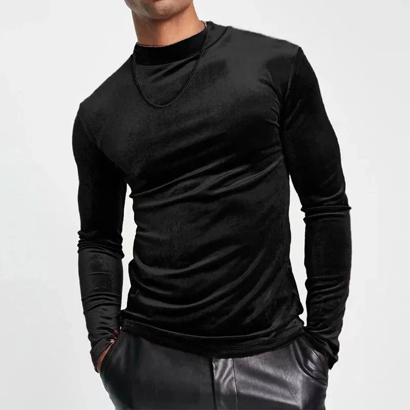 Wiaofellas Men Fashion Long Sleeve Half Neck Velvet Bottoming T-shirt Casual Solid Color Mens Tops Gym Sports Luxury Slim Basic T Shirts