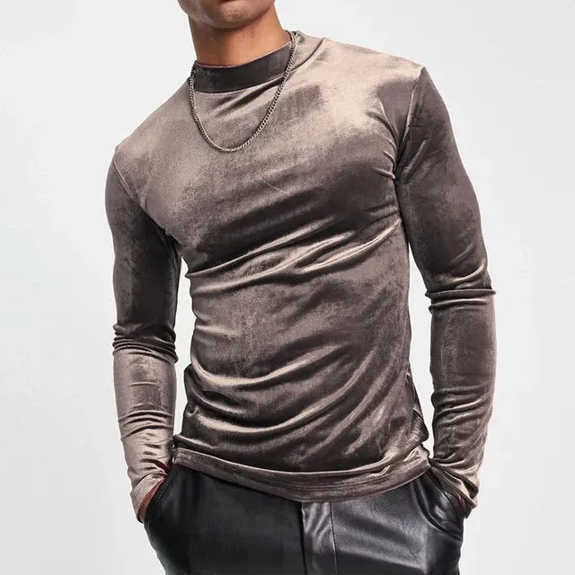 Wiaofellas Men Fashion Long Sleeve Half Neck Velvet Bottoming T-shirt Casual Solid Color Mens Tops Gym Sports Luxury Slim Basic T Shirts