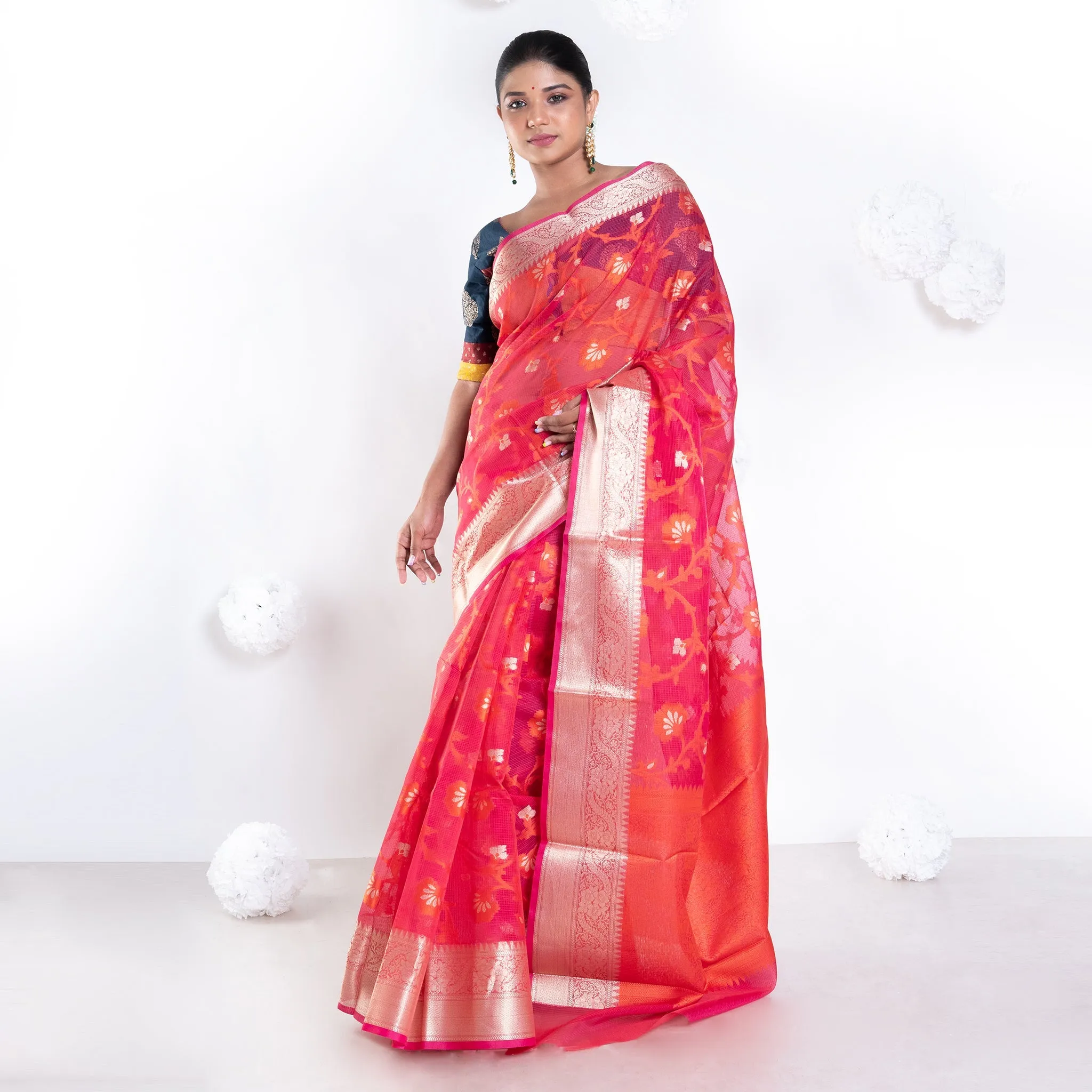 Women Banarasi Kora Cotton Saree In Sunset Red Color With Floral Jaal And Golden Border