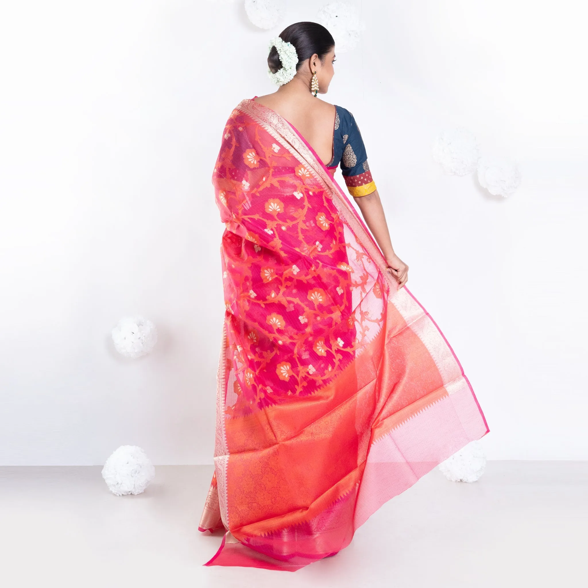 Women Banarasi Kora Cotton Saree In Sunset Red Color With Floral Jaal And Golden Border