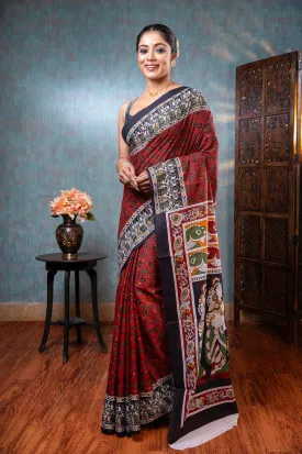 Women Cinnamon Brown Pure Bagru Malmal Cotton Saree With Leave Motifs And Black Border