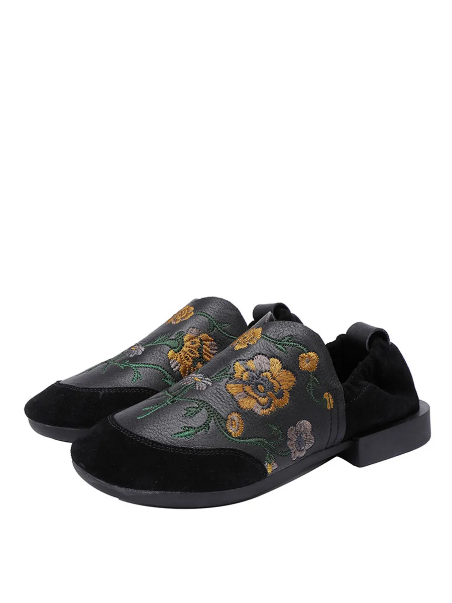 Women Ethnic Autumn Embroidery Leather Low Heel Shoes