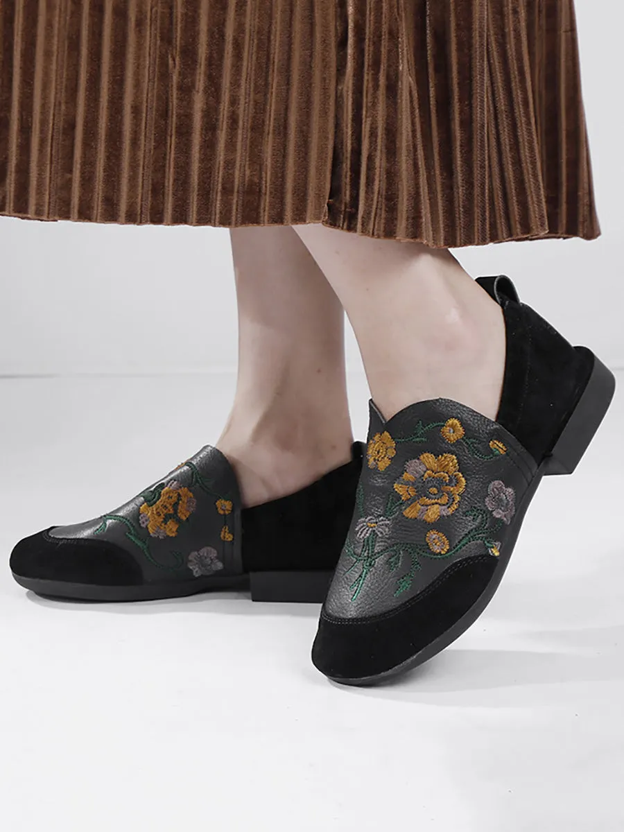 Women Ethnic Autumn Embroidery Leather Low Heel Shoes