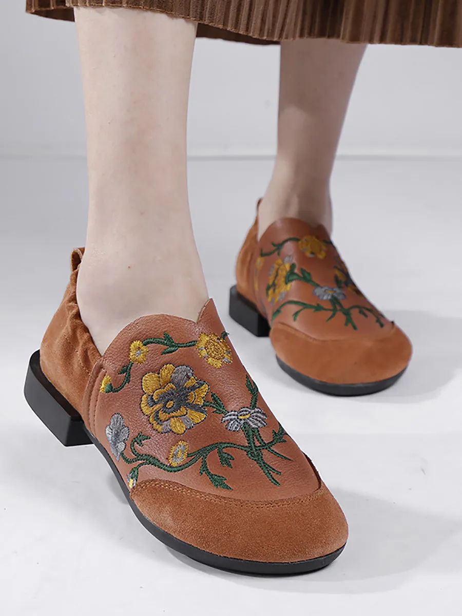 Women Ethnic Autumn Embroidery Leather Low Heel Shoes