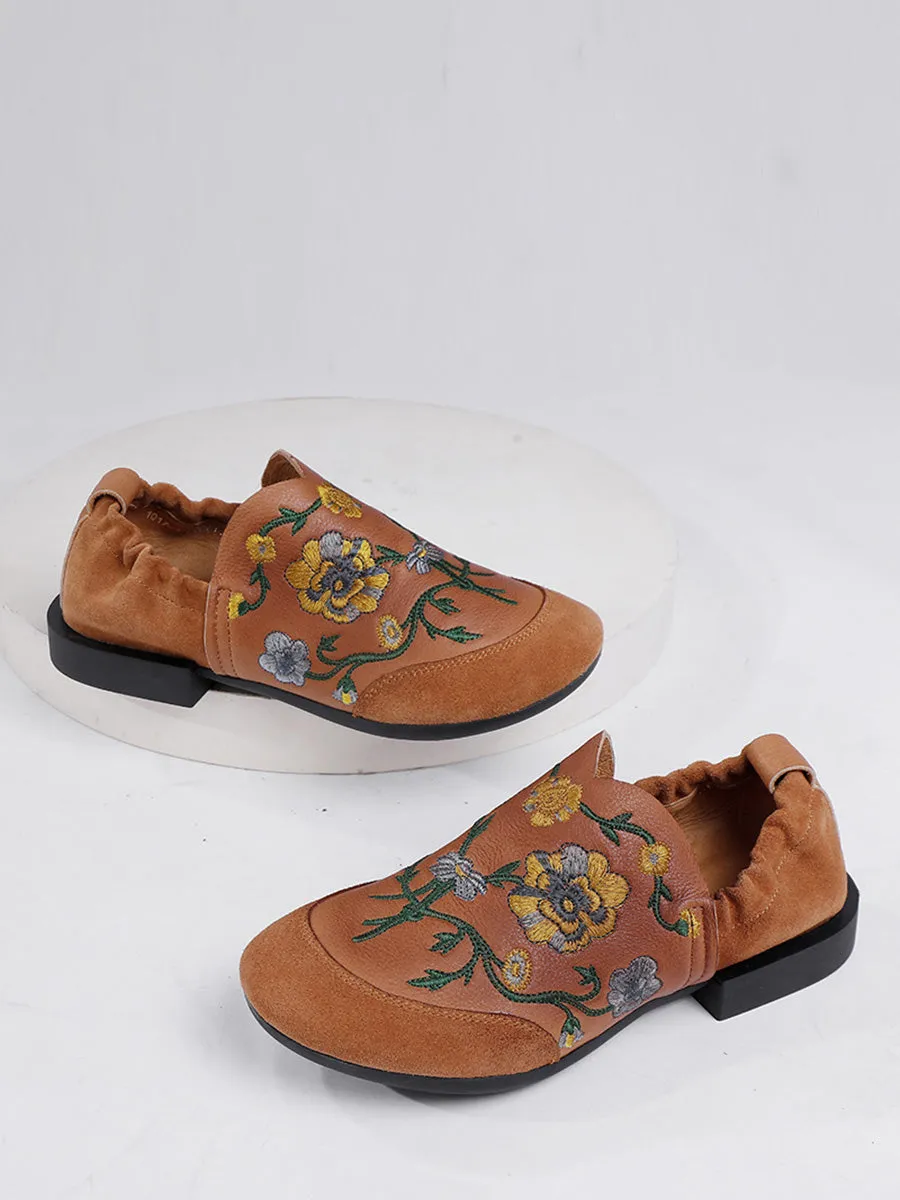 Women Ethnic Autumn Embroidery Leather Low Heel Shoes