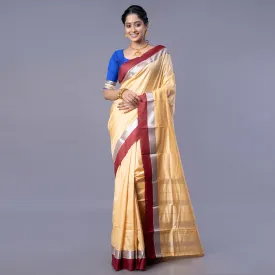 Women Kanjivaram Silk Saree In Beige Color With Maroon And Silver Border