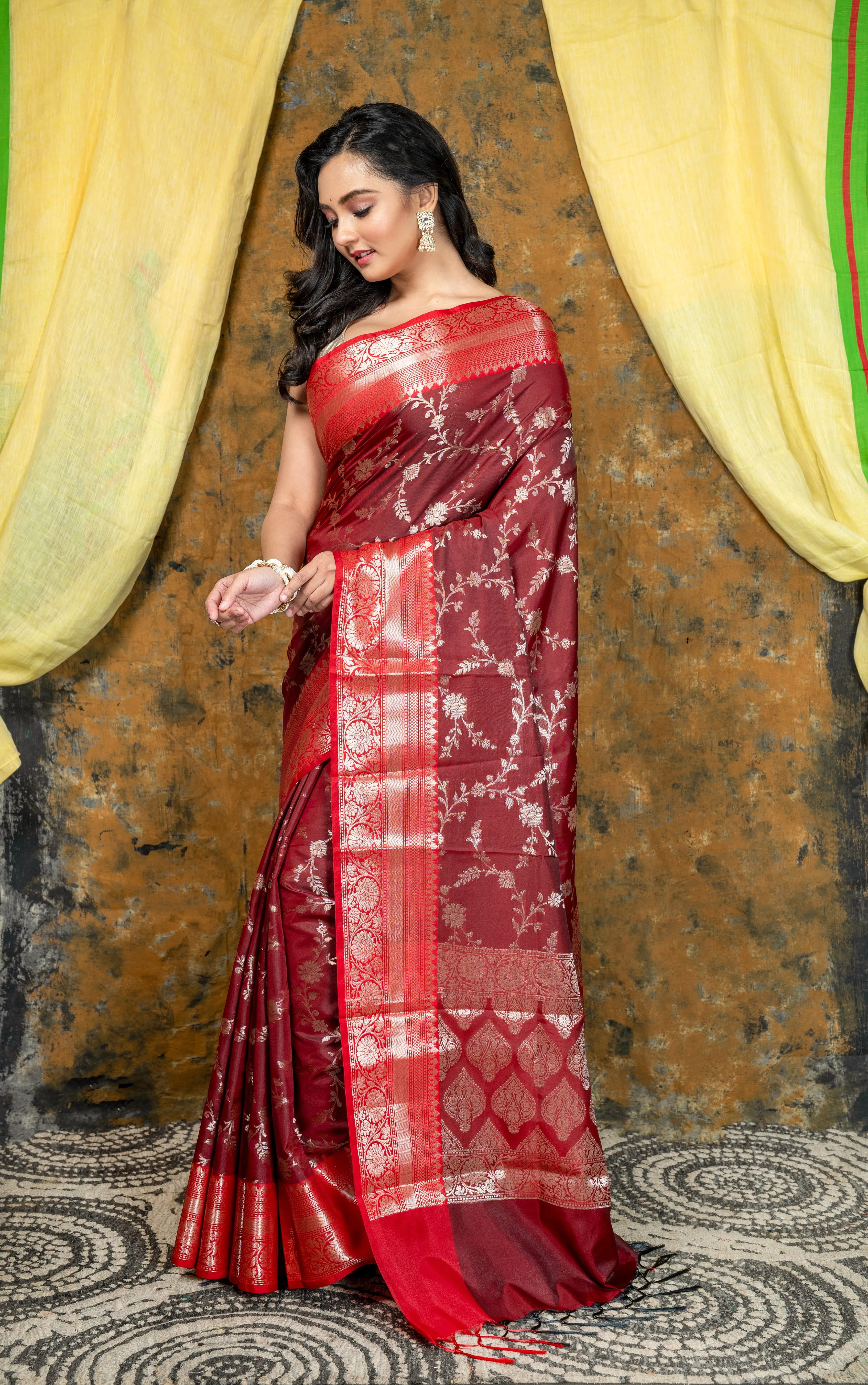 Women Maroon Soft Banarasi Uppada  Silk Saree With Floral Woven Motifs