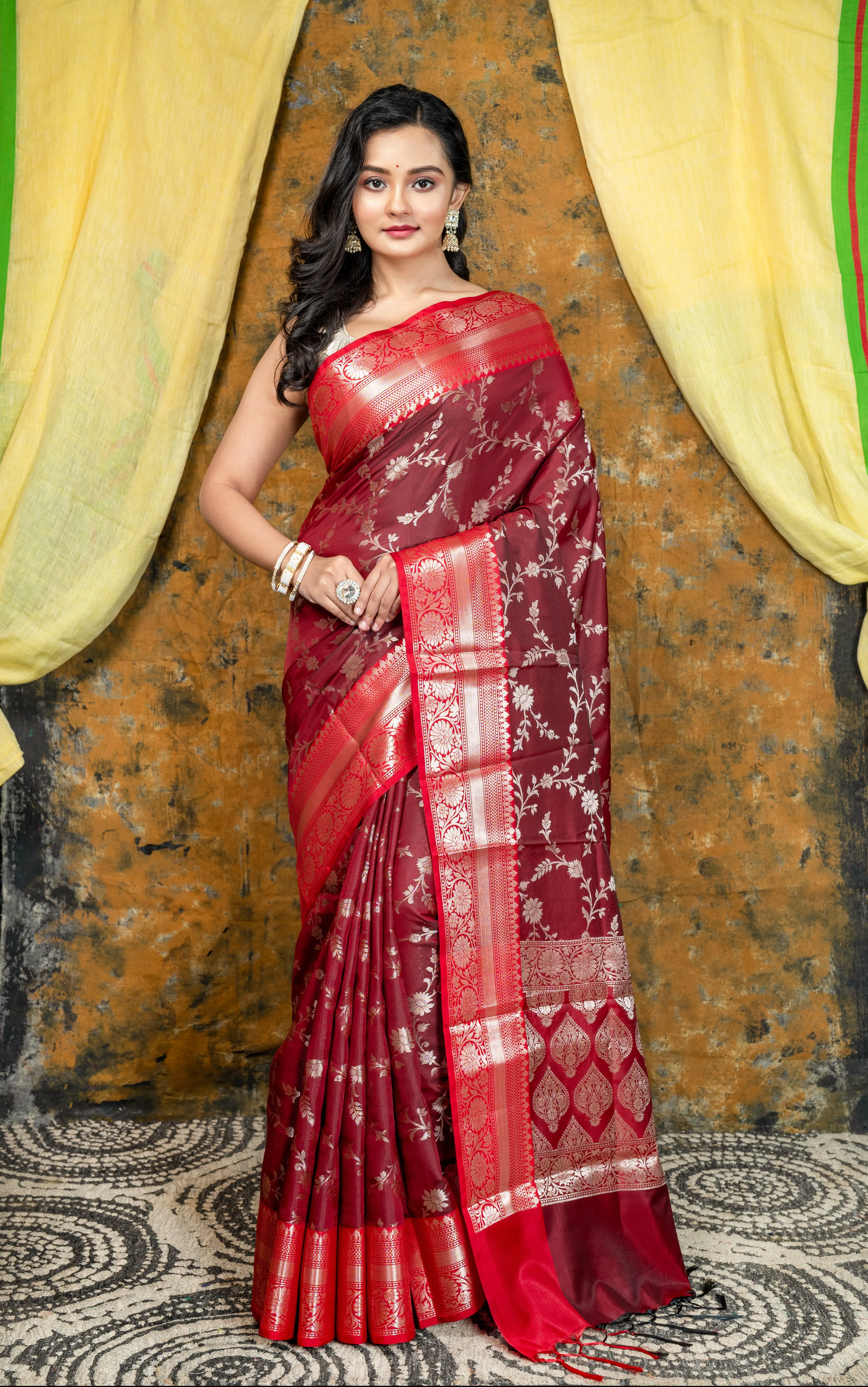 Women Maroon Soft Banarasi Uppada  Silk Saree With Floral Woven Motifs