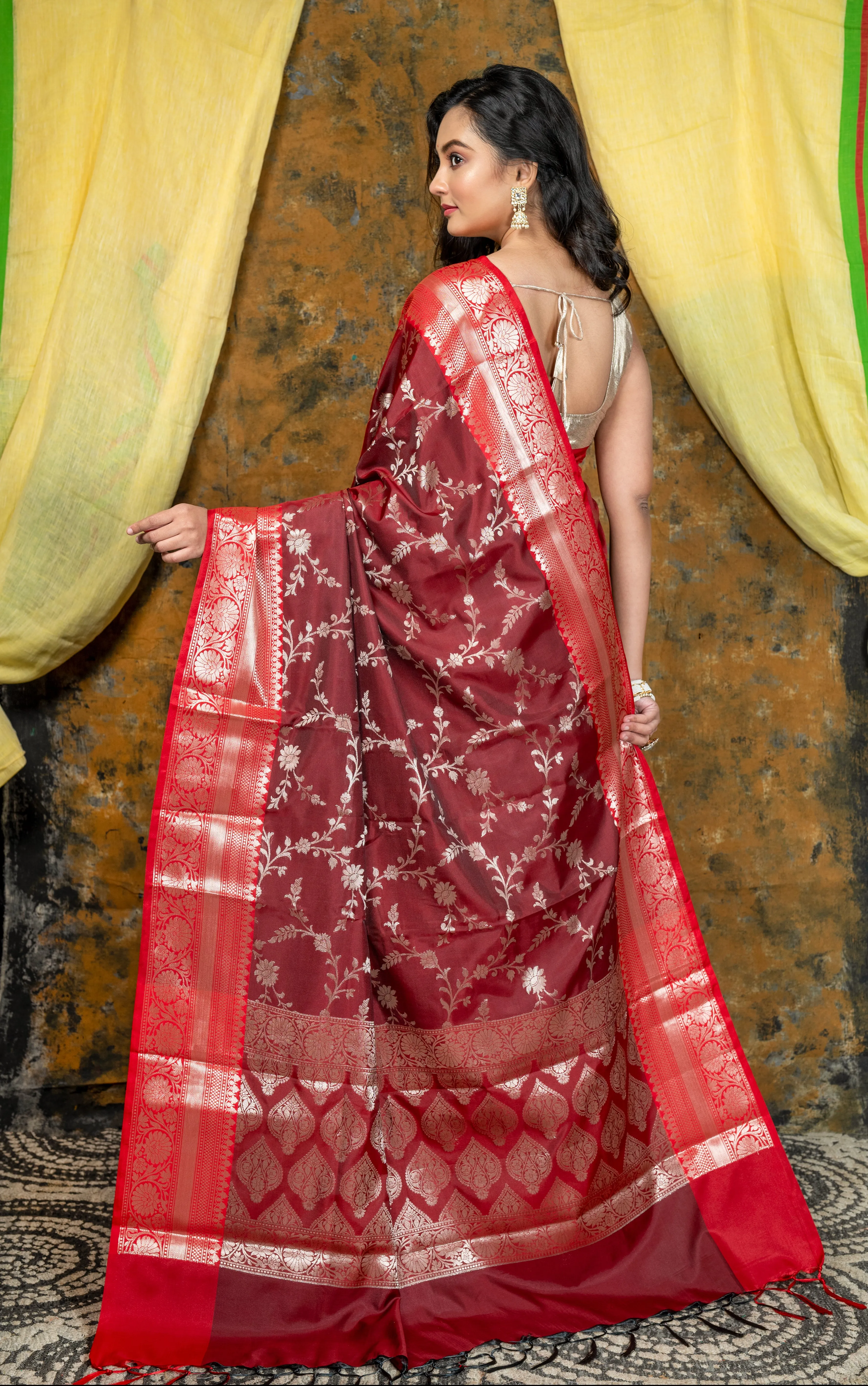 Women Maroon Soft Banarasi Uppada  Silk Saree With Floral Woven Motifs