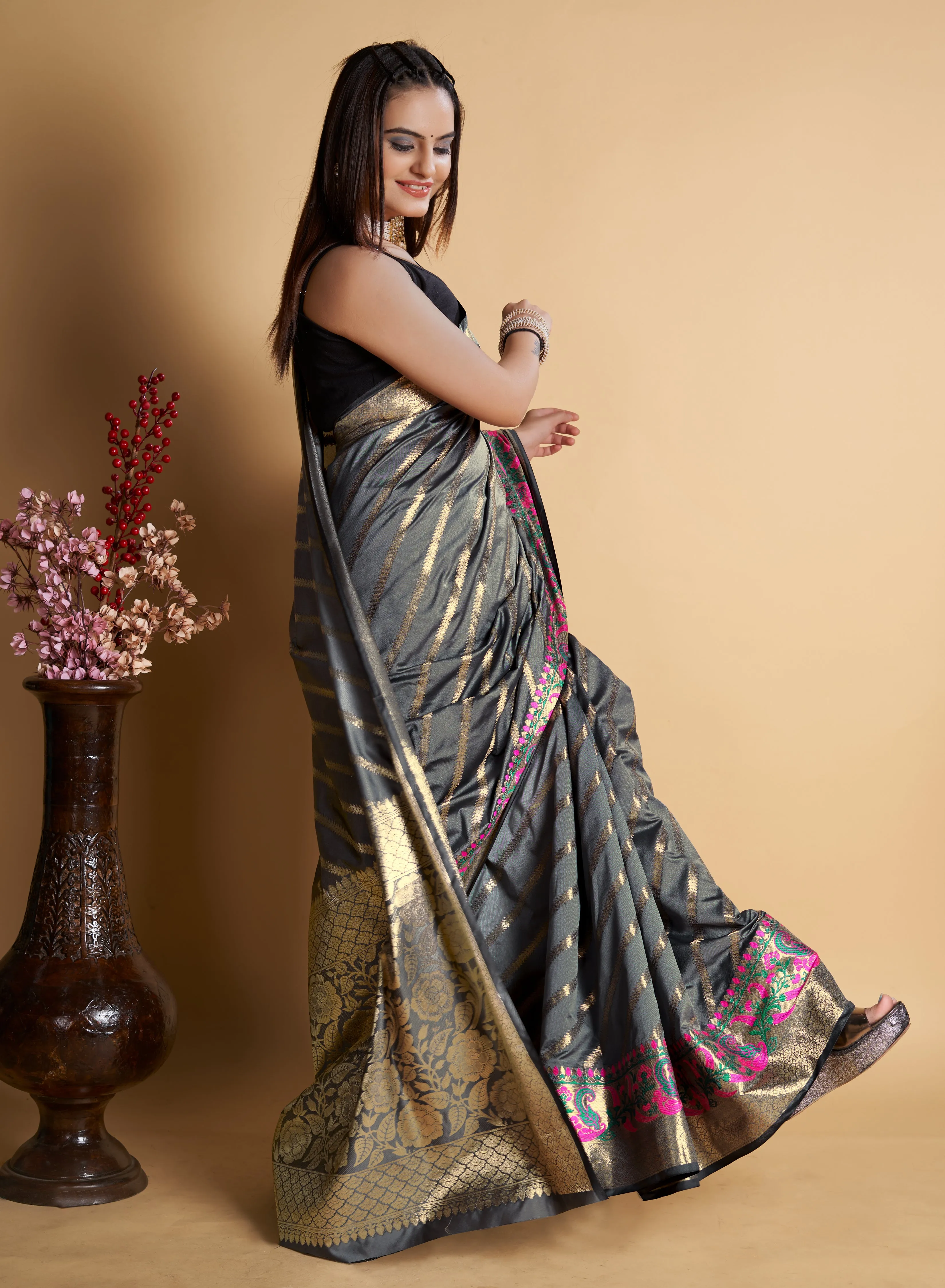 Women Party Wear Designer Grey Color Banarasi Silk Saree Collection