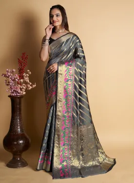 Women Party Wear Designer Grey Color Banarasi Silk Saree Collection