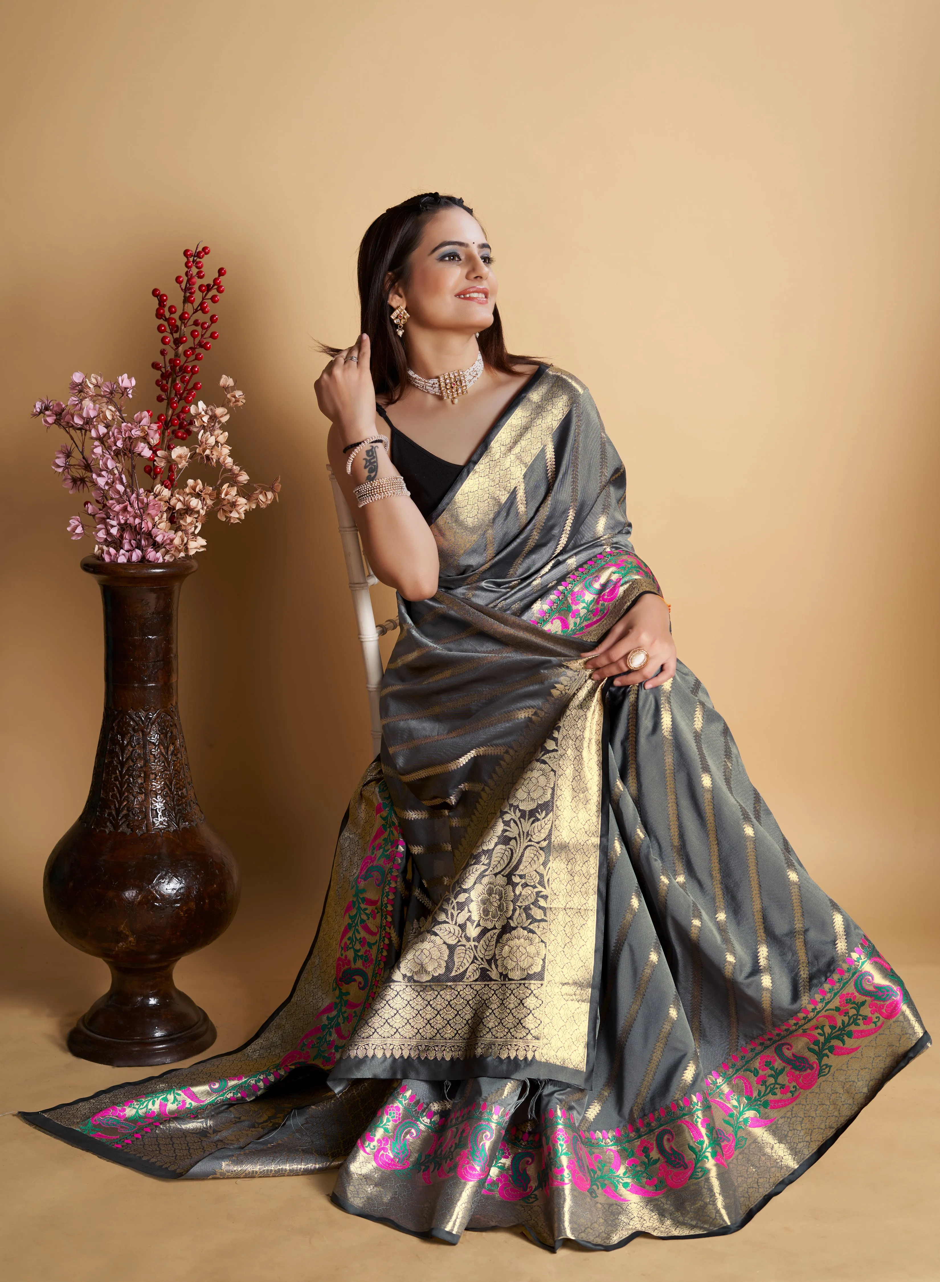 Women Party Wear Designer Grey Color Banarasi Silk Saree Collection