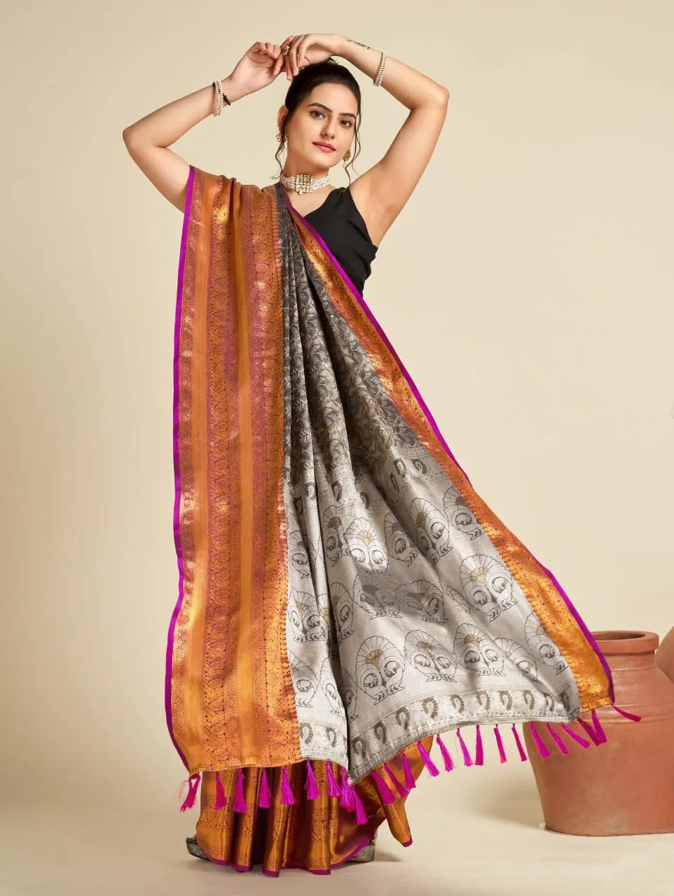 Women Party Wear Designer Grey Colour Banarasi Silk Saree Collection