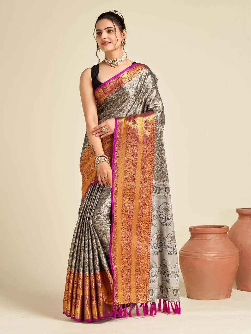 Women Party Wear Designer Grey Colour Banarasi Silk Saree Collection