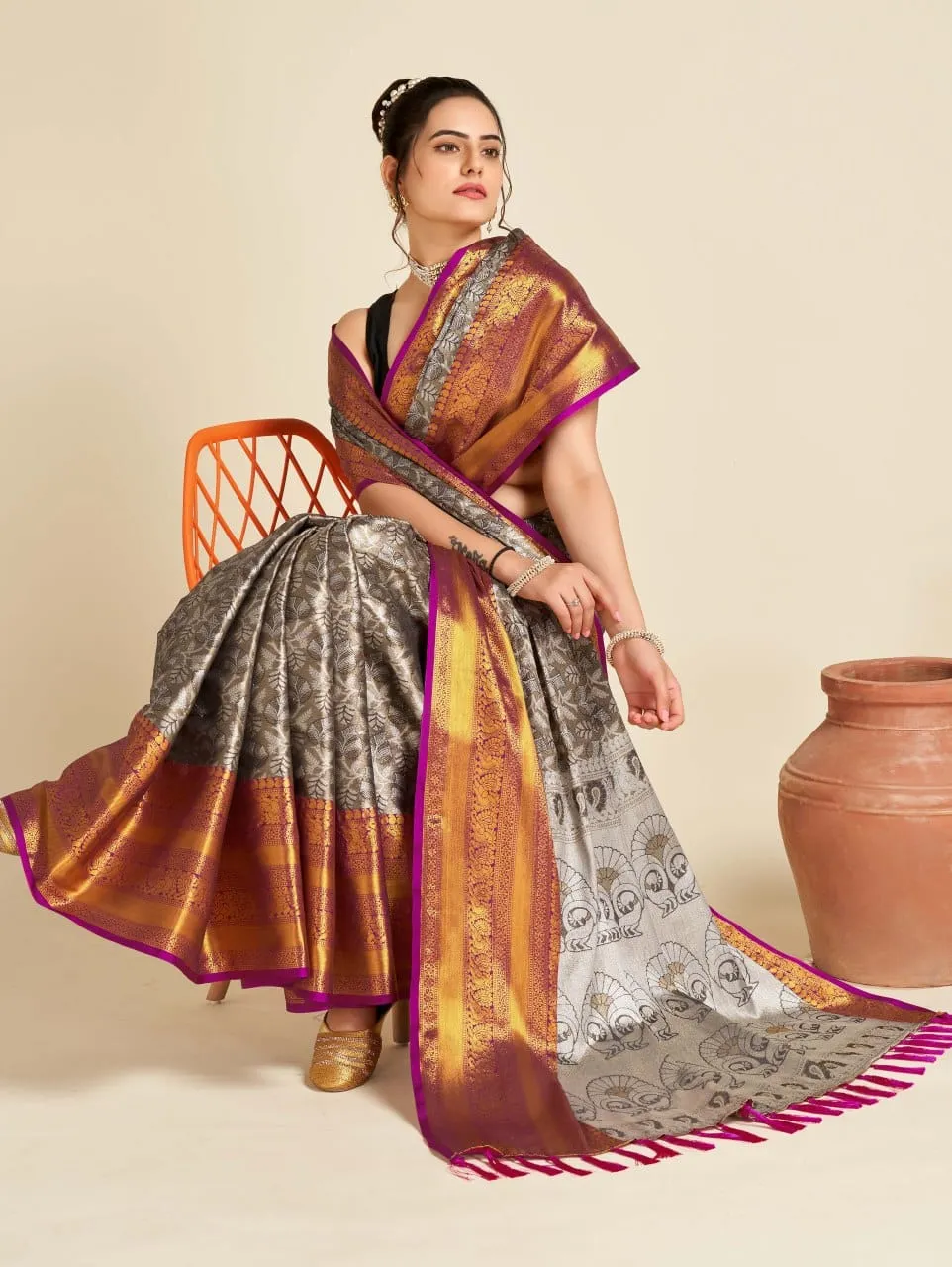 Women Party Wear Designer Grey Colour Banarasi Silk Saree Collection