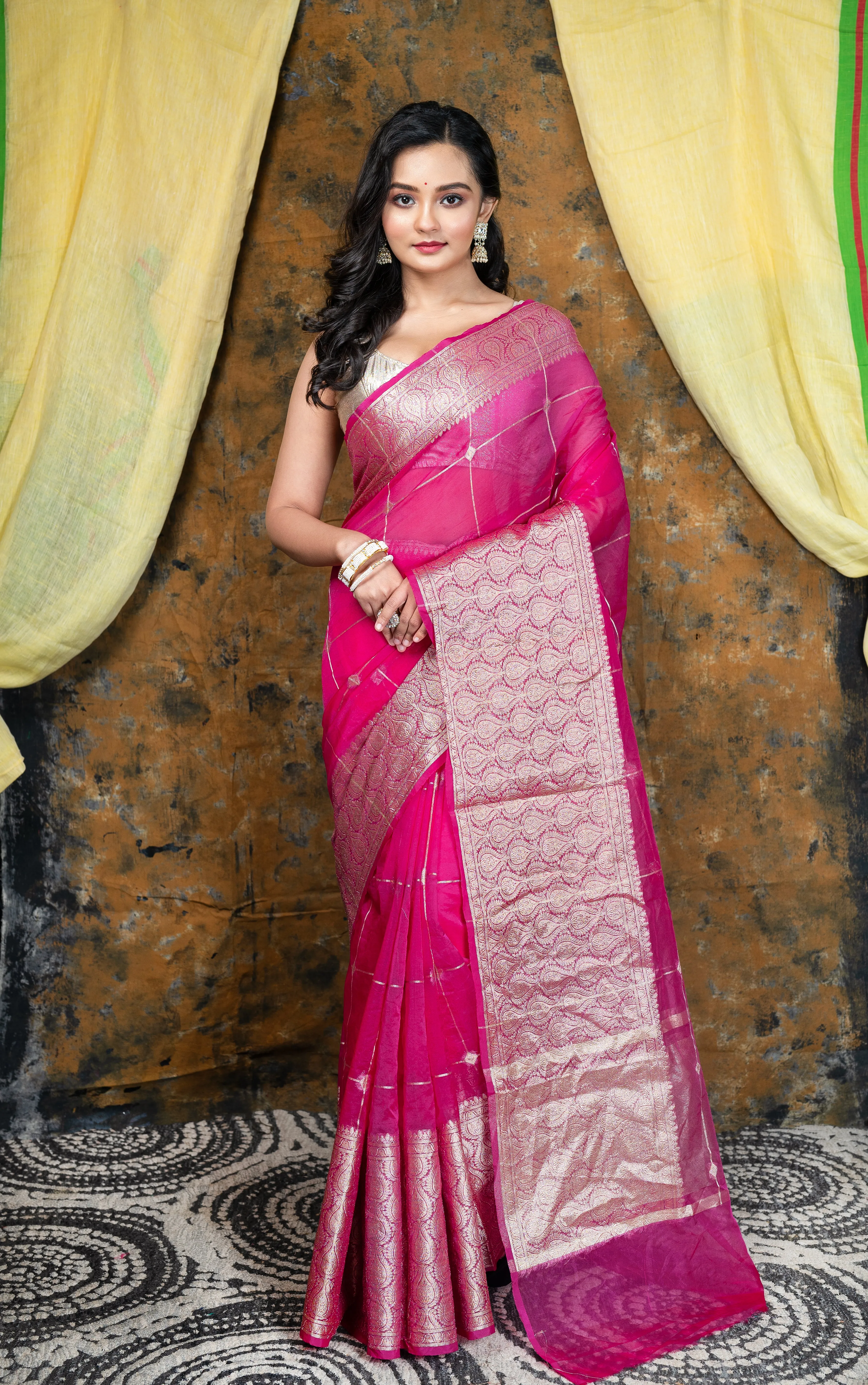 Women Pink Organza Saree With Square Motifs And Ambi Jaal Border