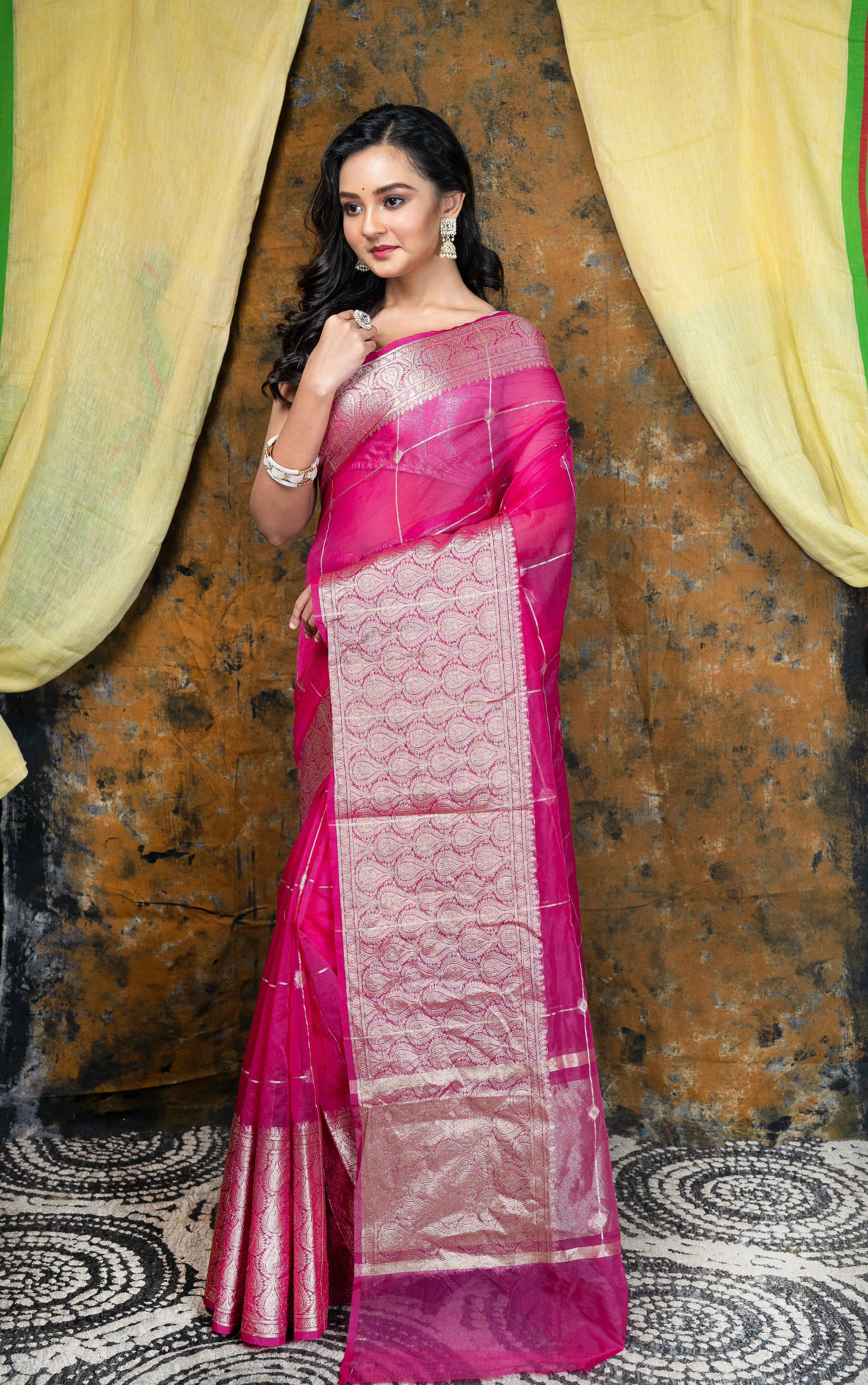 Women Pink Organza Saree With Square Motifs And Ambi Jaal Border