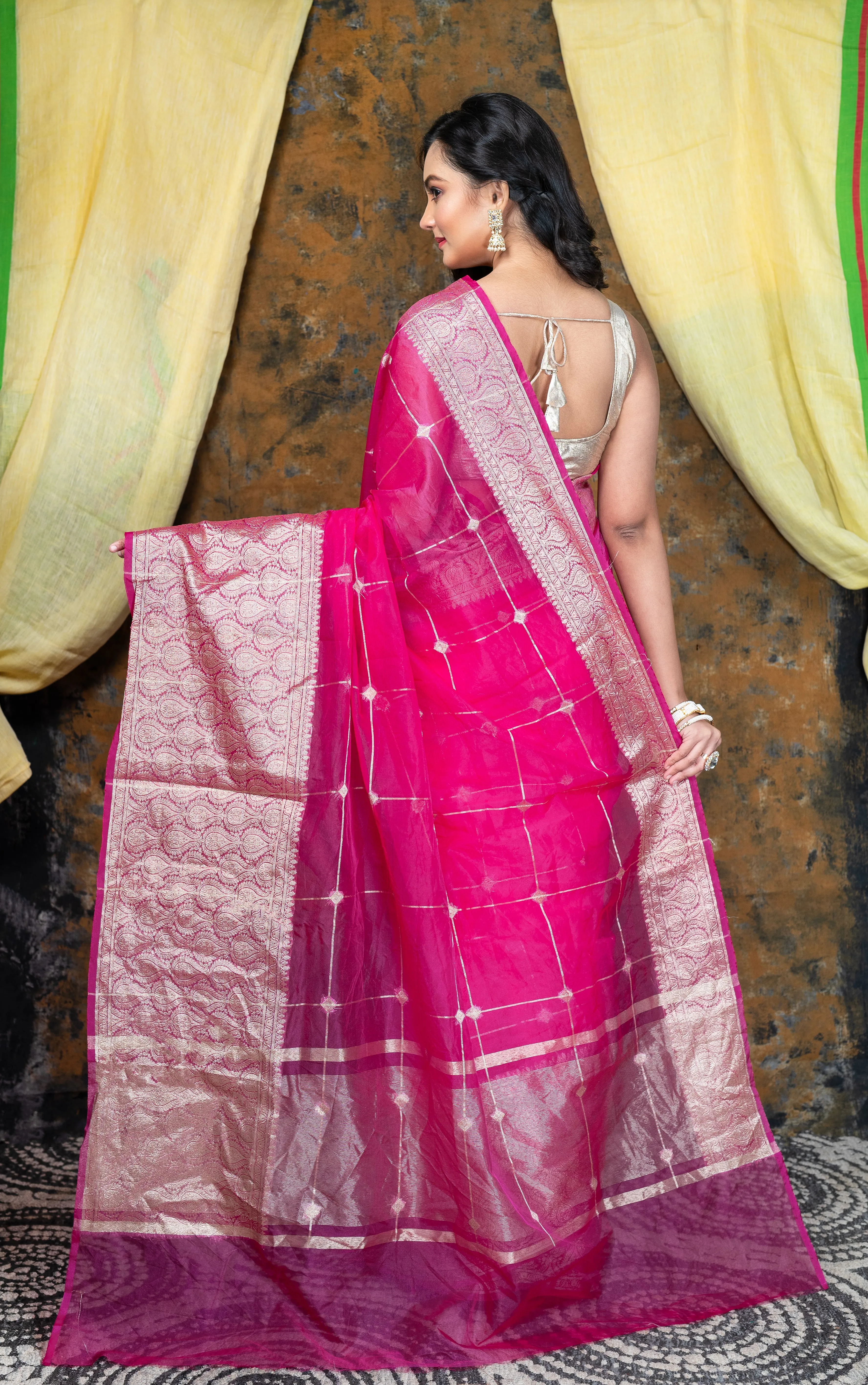 Women Pink Organza Saree With Square Motifs And Ambi Jaal Border